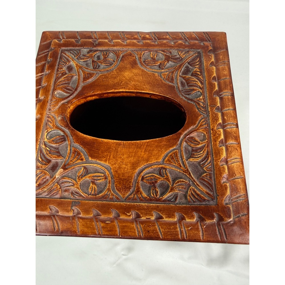 Vintage Boho Faux Wood Carved Resin Cube Tissue Box